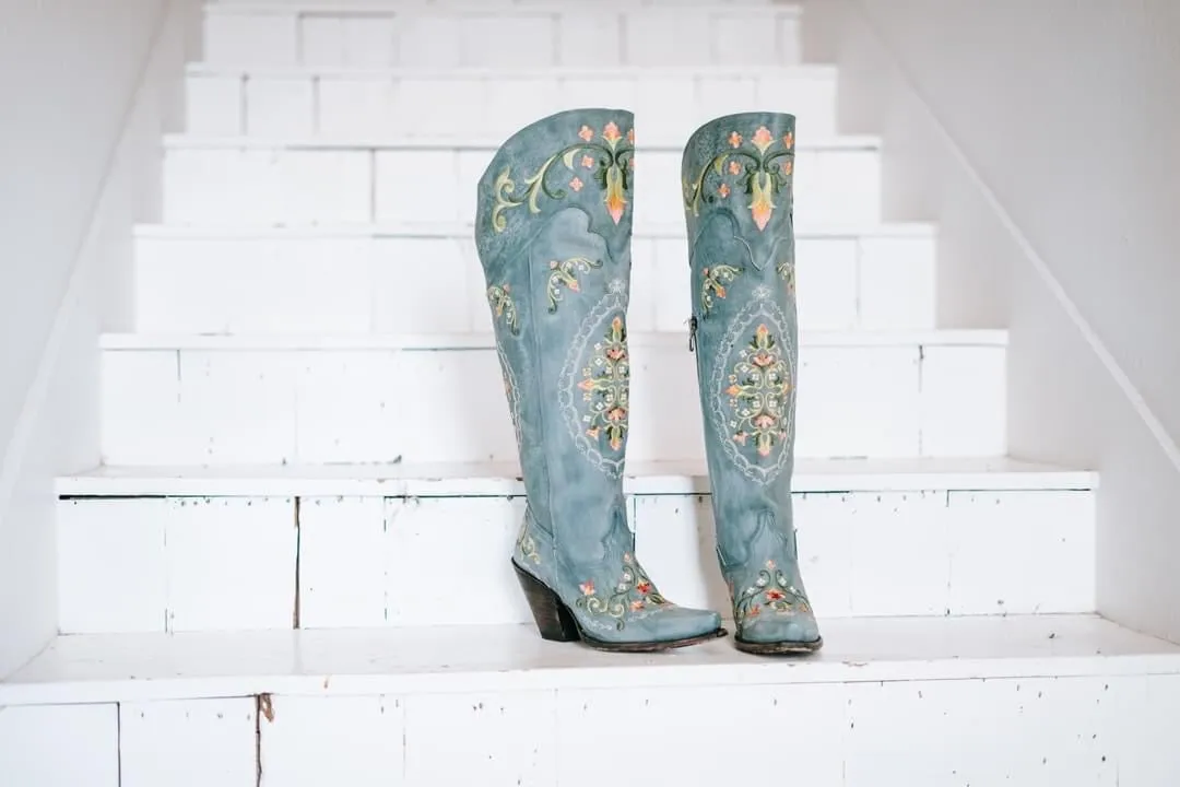 Flower Child Turquoise Rustic Leather Over The Knee High Boots (DS)