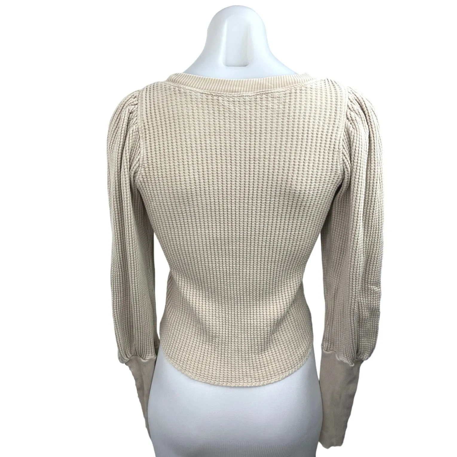 Free People Beige Waffle Knit Balloon Sleeve Button Cuffs Sweater Top Size S