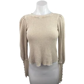 Free People Beige Waffle Knit Balloon Sleeve Button Cuffs Sweater Top Size S