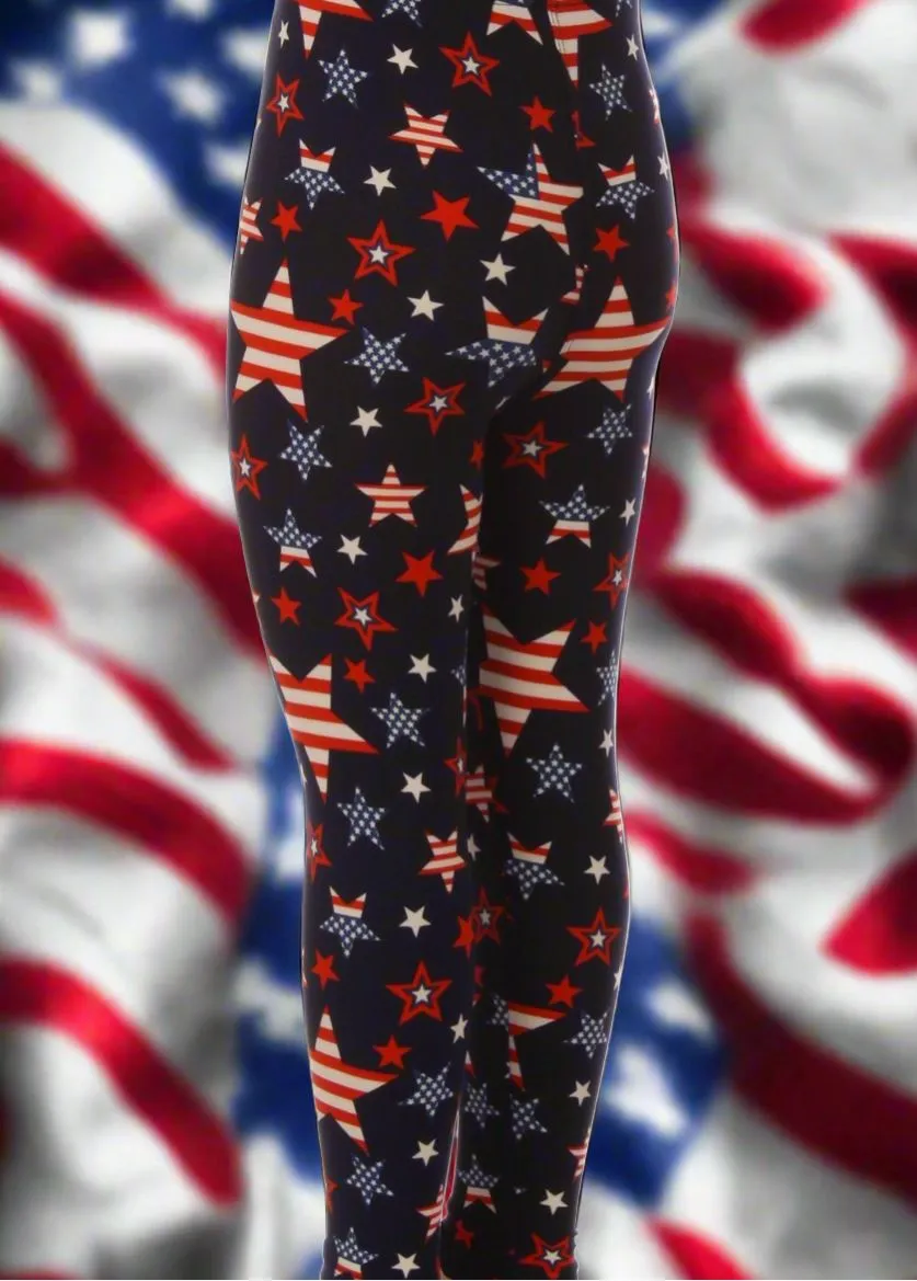 Girls 4th of July Star American Flag Leggings, Kids Yoga Pants, Sizes S/L, No-Roll Waist, Red/White/Blue