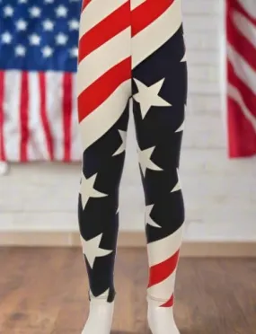 Girls American Flag 4th of July Leggings, Kids Yoga Pants, Sizes S/L, No-Roll Waist, Red/White/Blue