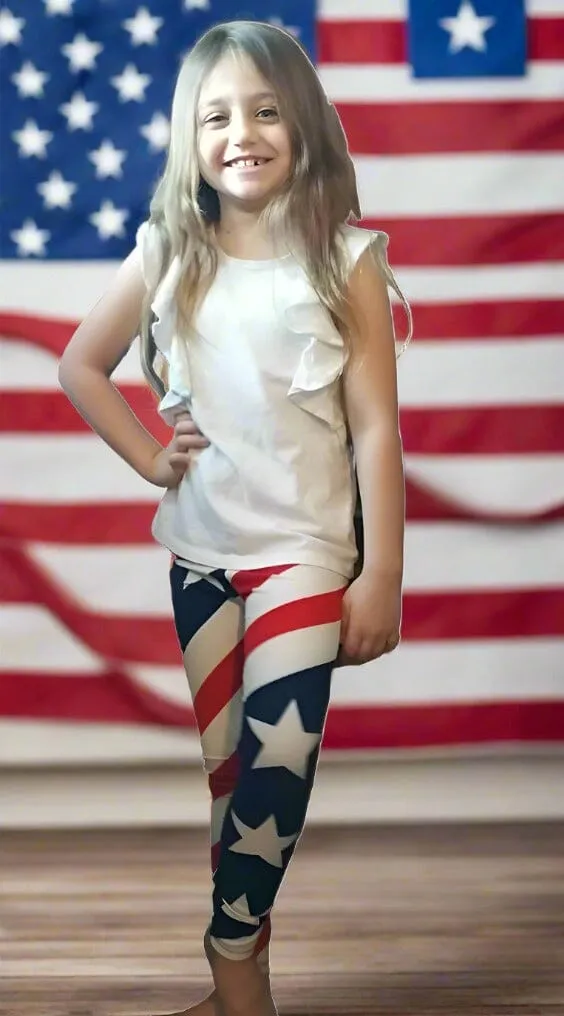 Girls American Flag 4th of July Leggings, Kids Yoga Pants, Sizes S/L, No-Roll Waist, Red/White/Blue