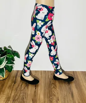 Girls Easter Bunny Leggings, Kids Yoga Pants, Sizes S/L, Yoga Waist, Blue/Pink, Exclusive Leggings