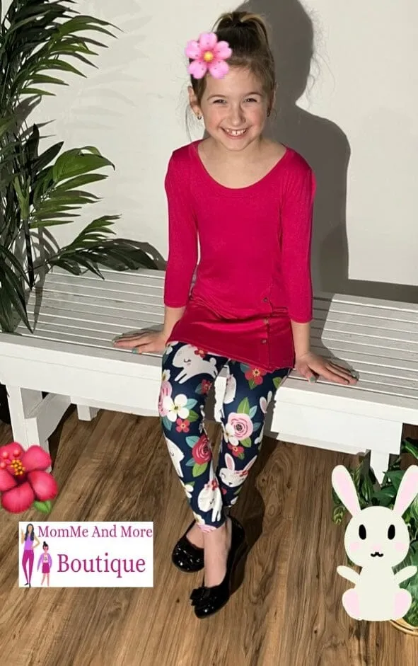 Girls Easter Bunny Leggings, Kids Yoga Pants, Sizes S/L, Yoga Waist, Blue/Pink, Exclusive Leggings