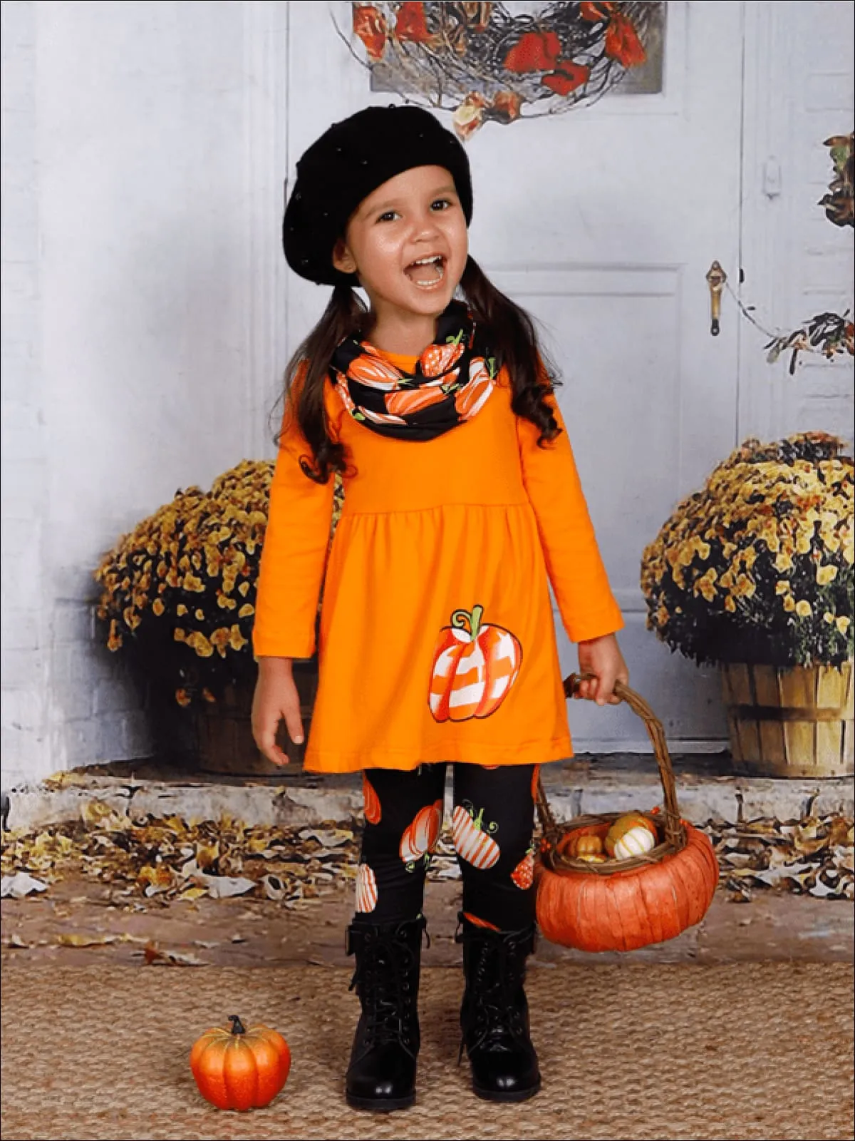 Girls Halloween Themed Pumpkin Printed Long Sleeve Tunic, Leggings And Scarf Set