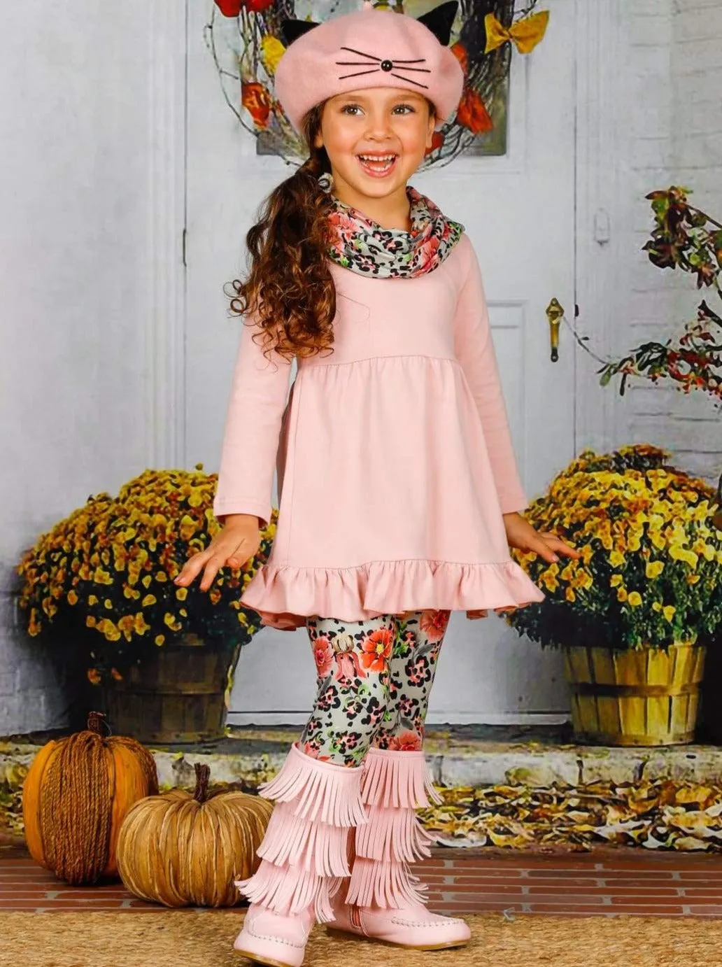 Girls Long Sleeve Ruffled Tunic, Floral and Animal Print Leggings And Scarf Set