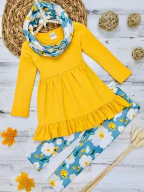 Girls Long Sleeve Ruffled Yellow Tunic, Floral Leggings And Scarf Set