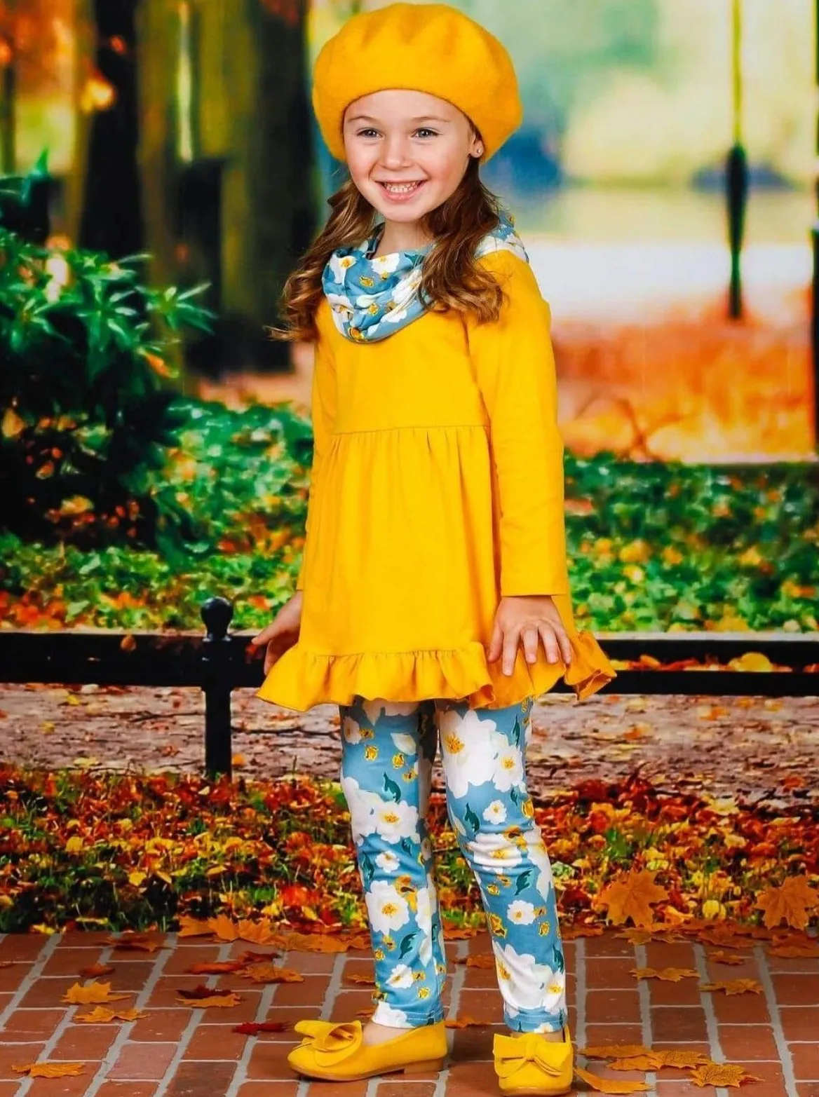 Girls Long Sleeve Ruffled Yellow Tunic, Floral Leggings And Scarf Set