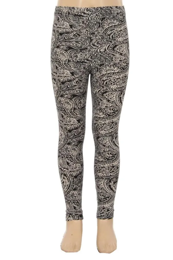 Girls Paisley Leggings Kids, Yoga Pants, Sizes S/L, No-Roll Waist, Black/White