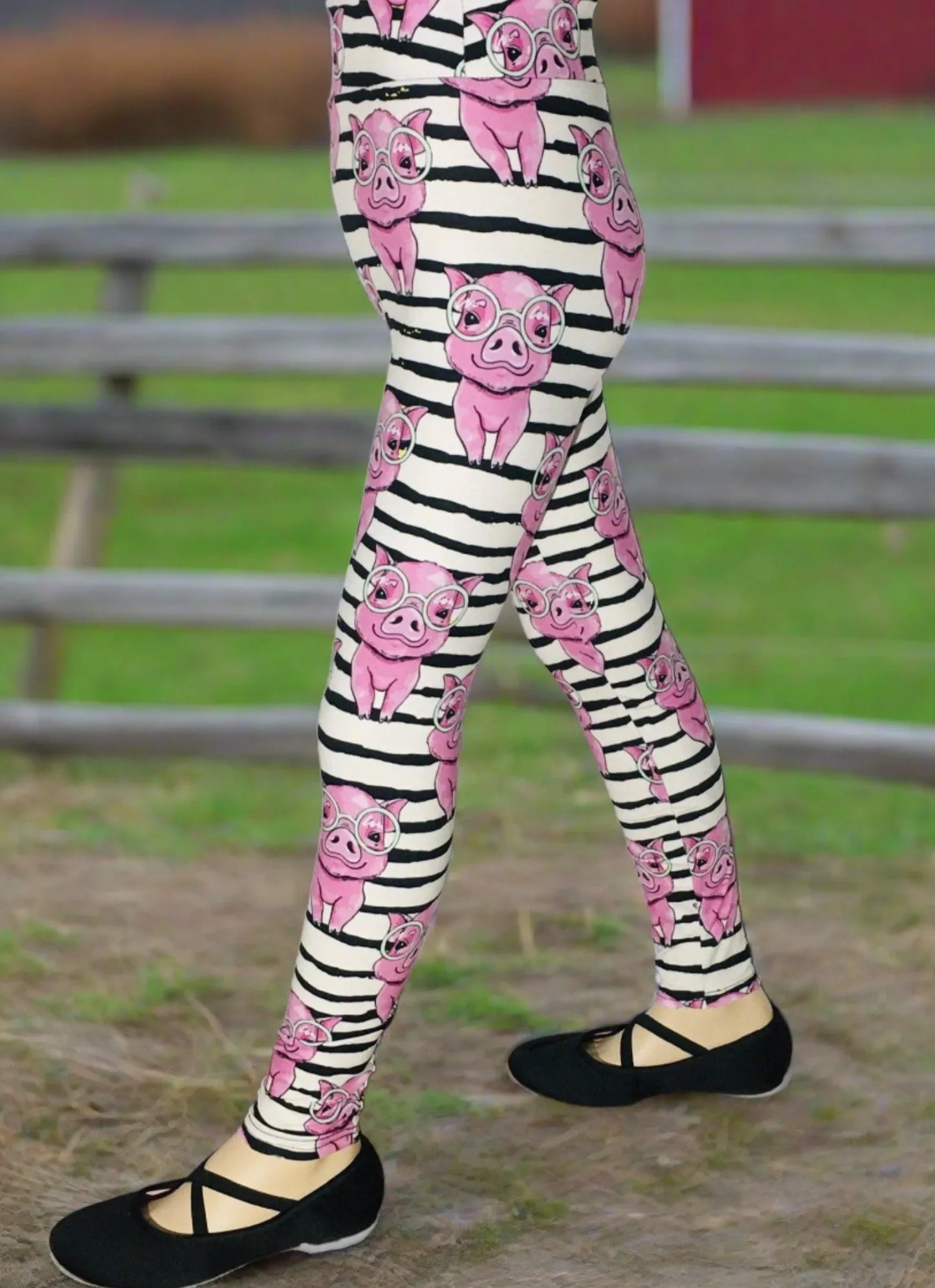 Girls Pig Leggings, Kids Yoga Pants, Sizes S/L, Yoga Waist, Pink/White/Black, Exclusive Leggings