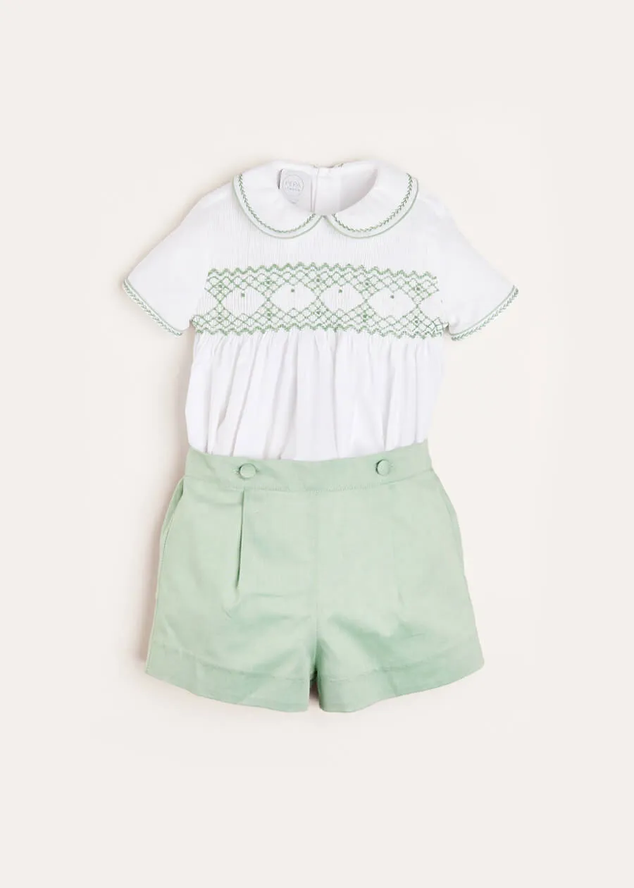 Handsmocked Peter Pan Collar Short Sleeve Two Piece Set in Green (18mths-6yrs)