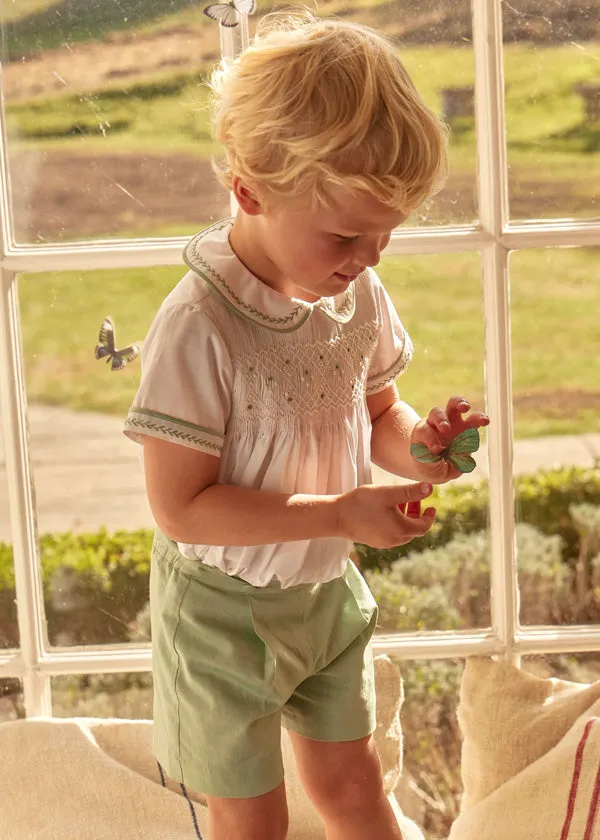 Handsmocked Peter Pan Collar Short Sleeve Two Piece Set in Green (18mths-6yrs)