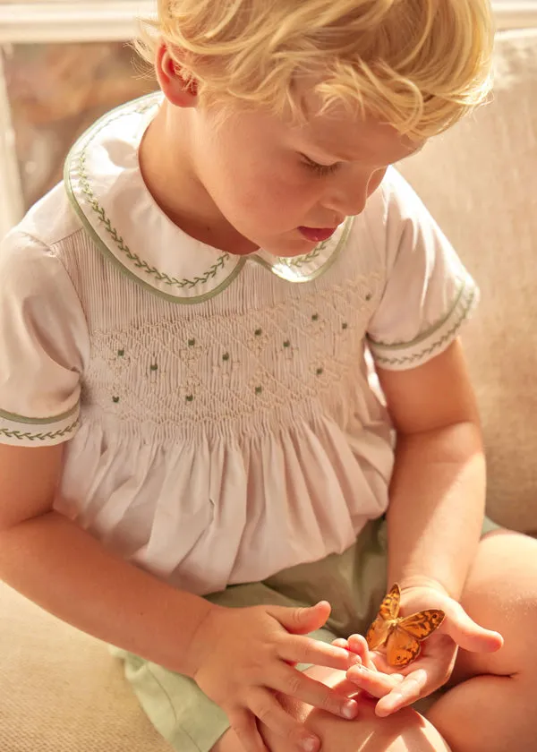 Handsmocked Peter Pan Collar Short Sleeve Two Piece Set in Green (18mths-6yrs)