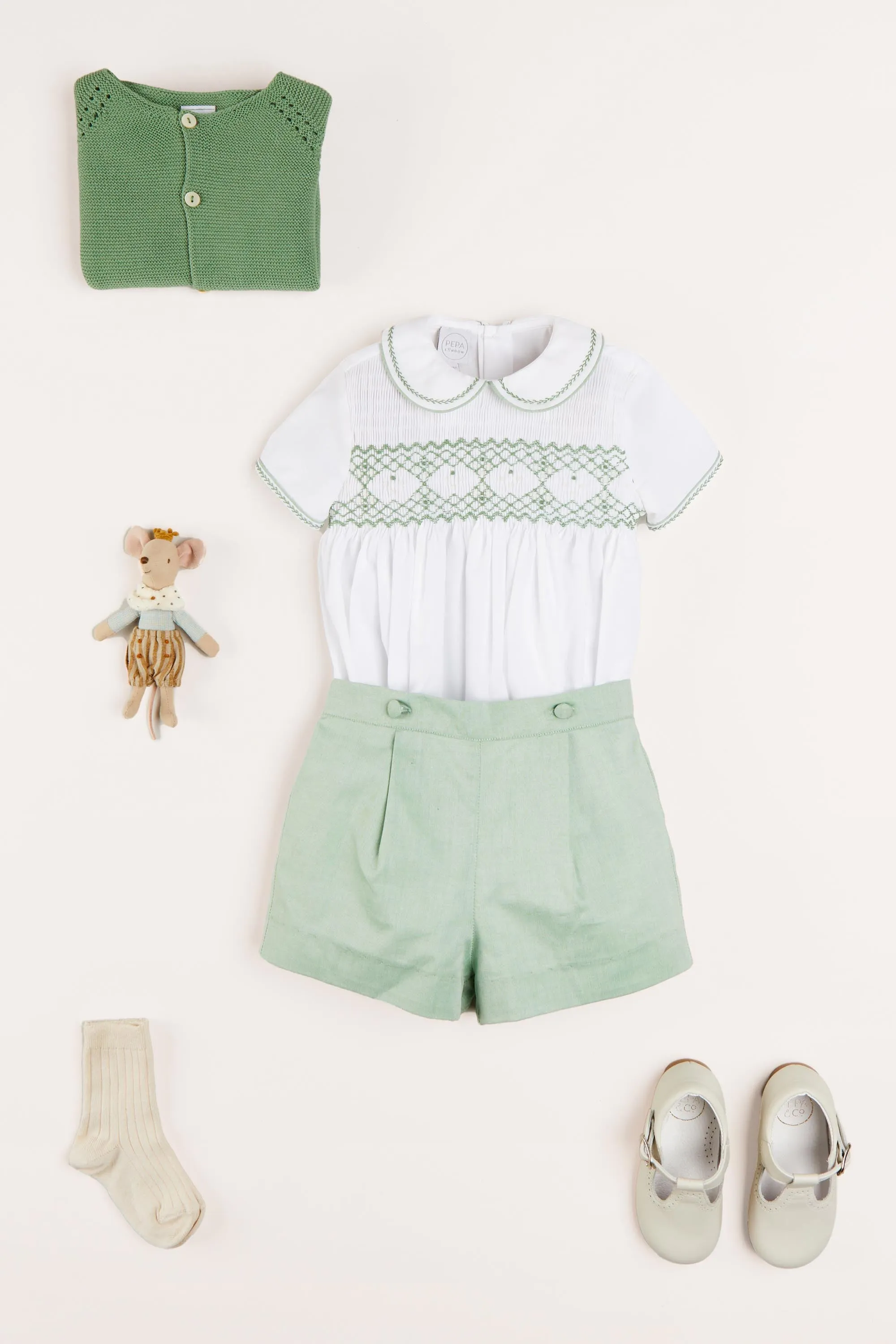 Handsmocked Peter Pan Collar Short Sleeve Two Piece Set in Green (18mths-6yrs)