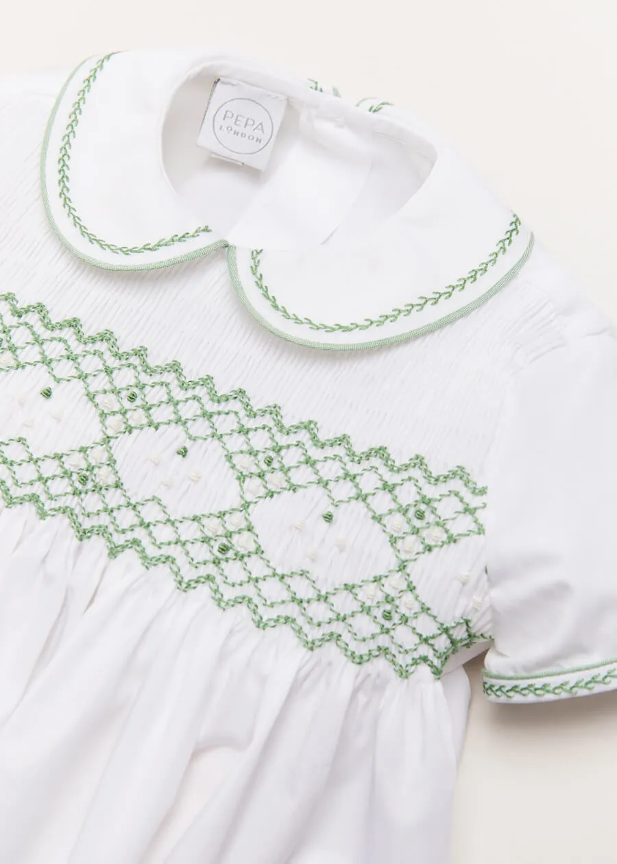 Handsmocked Peter Pan Collar Short Sleeve Two Piece Set in Green (18mths-6yrs)