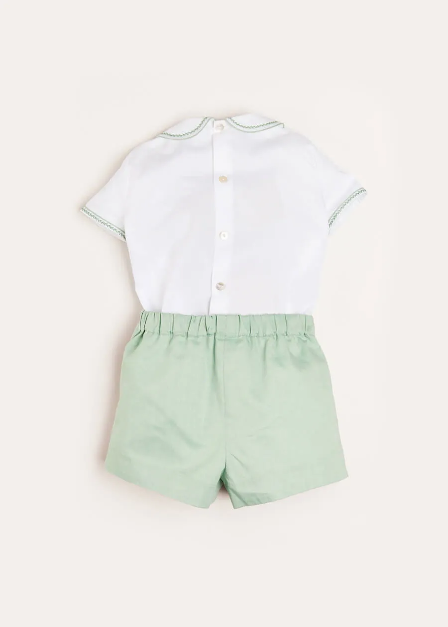 Handsmocked Peter Pan Collar Short Sleeve Two Piece Set in Green (18mths-6yrs)