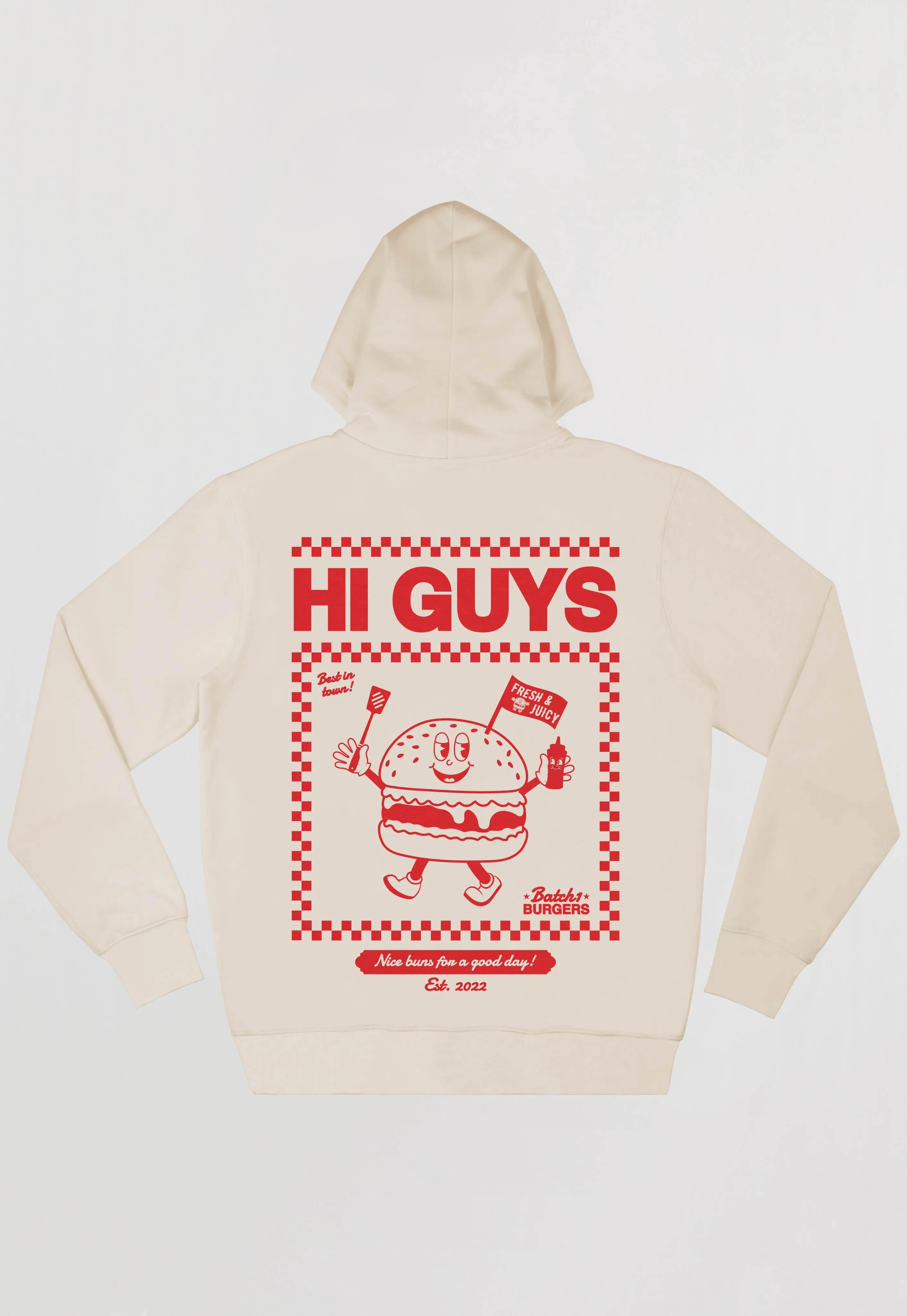 Hi Guys Vanilla Hoodie with Burger Graphic