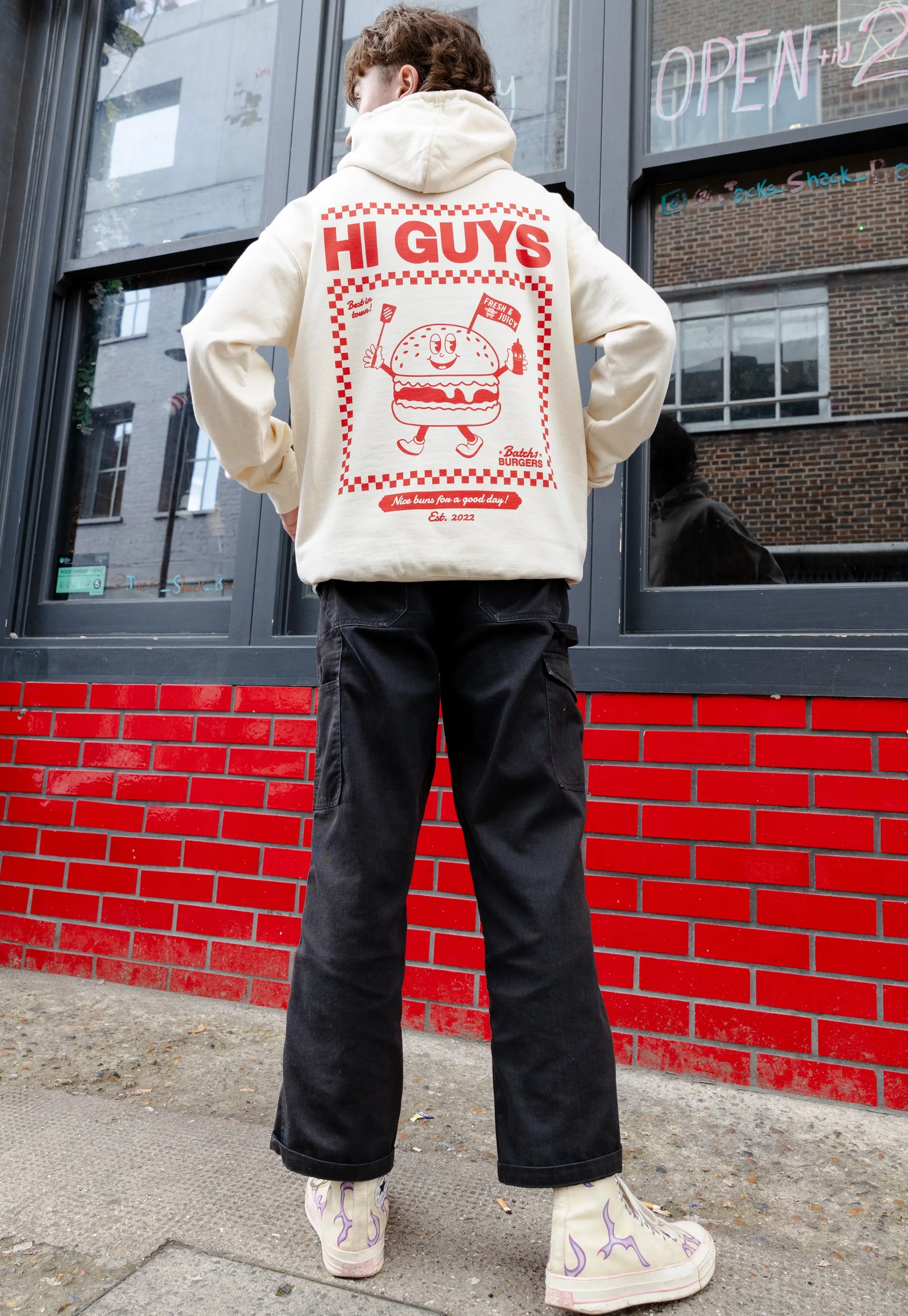 Hi Guys Vanilla Hoodie with Burger Graphic