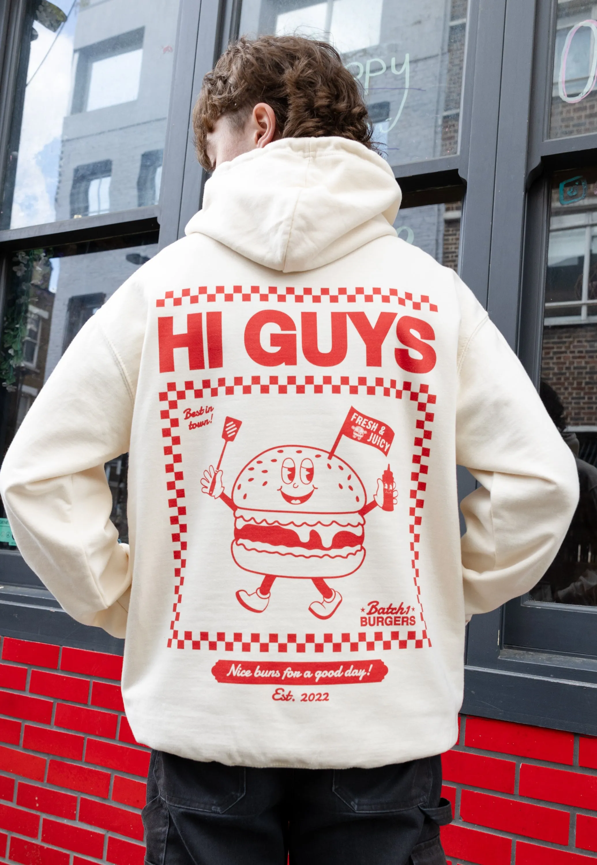 Hi Guys Vanilla Hoodie with Burger Graphic