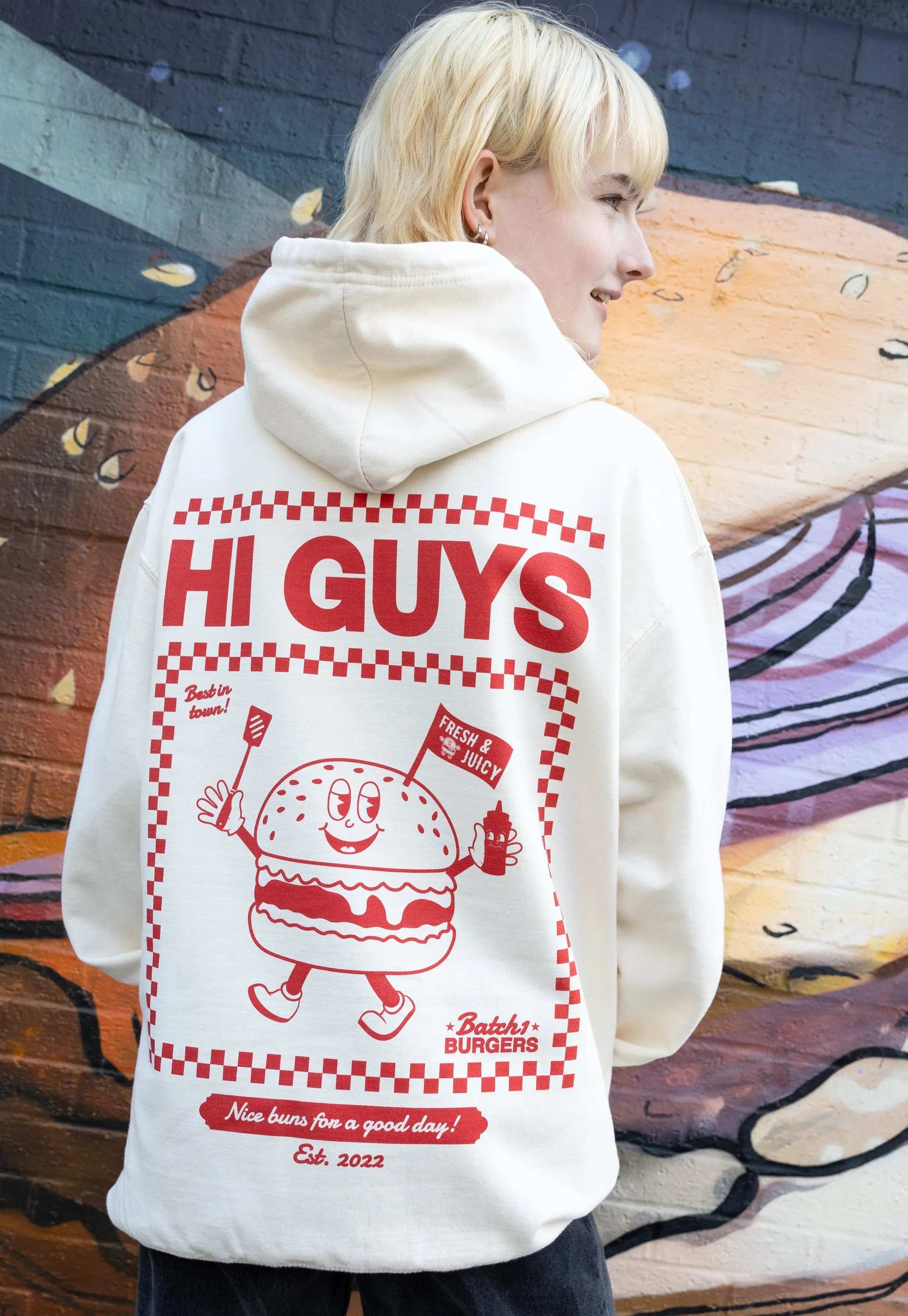 Hi Guys Vanilla Hoodie with Burger Graphic