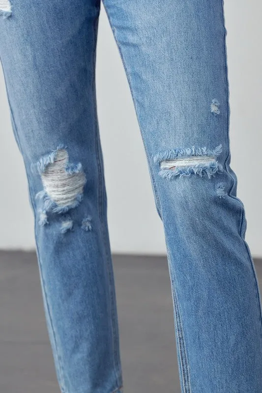 High Rise Distressed Straight Jeans