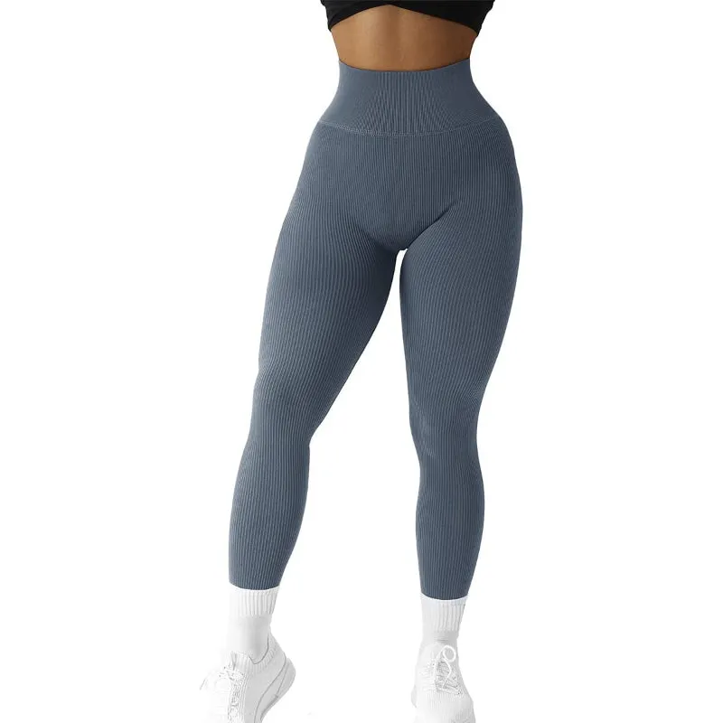 High Waist Seamless Plain Ribbed Leggings