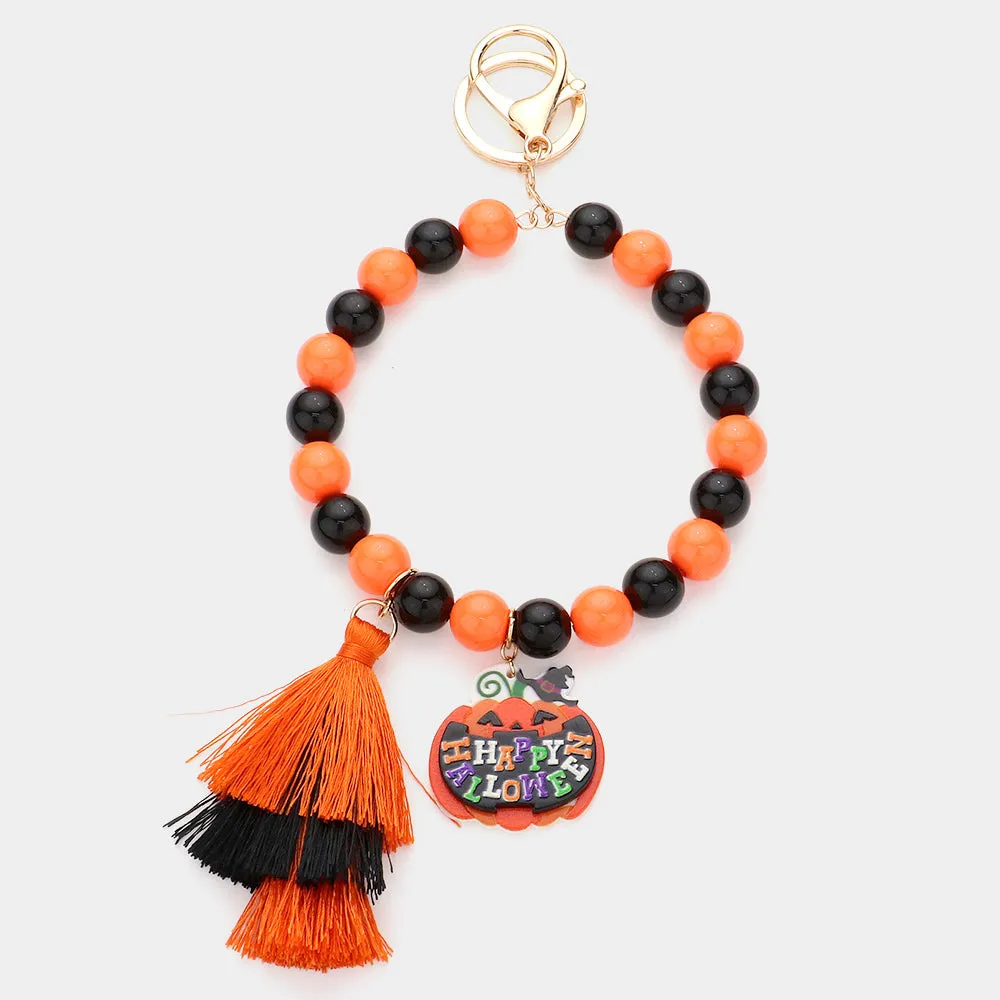 iLLASPARKZ Happy Halloween Message Pumpkin Tassel Charm Beaded Keychain / Bracelet