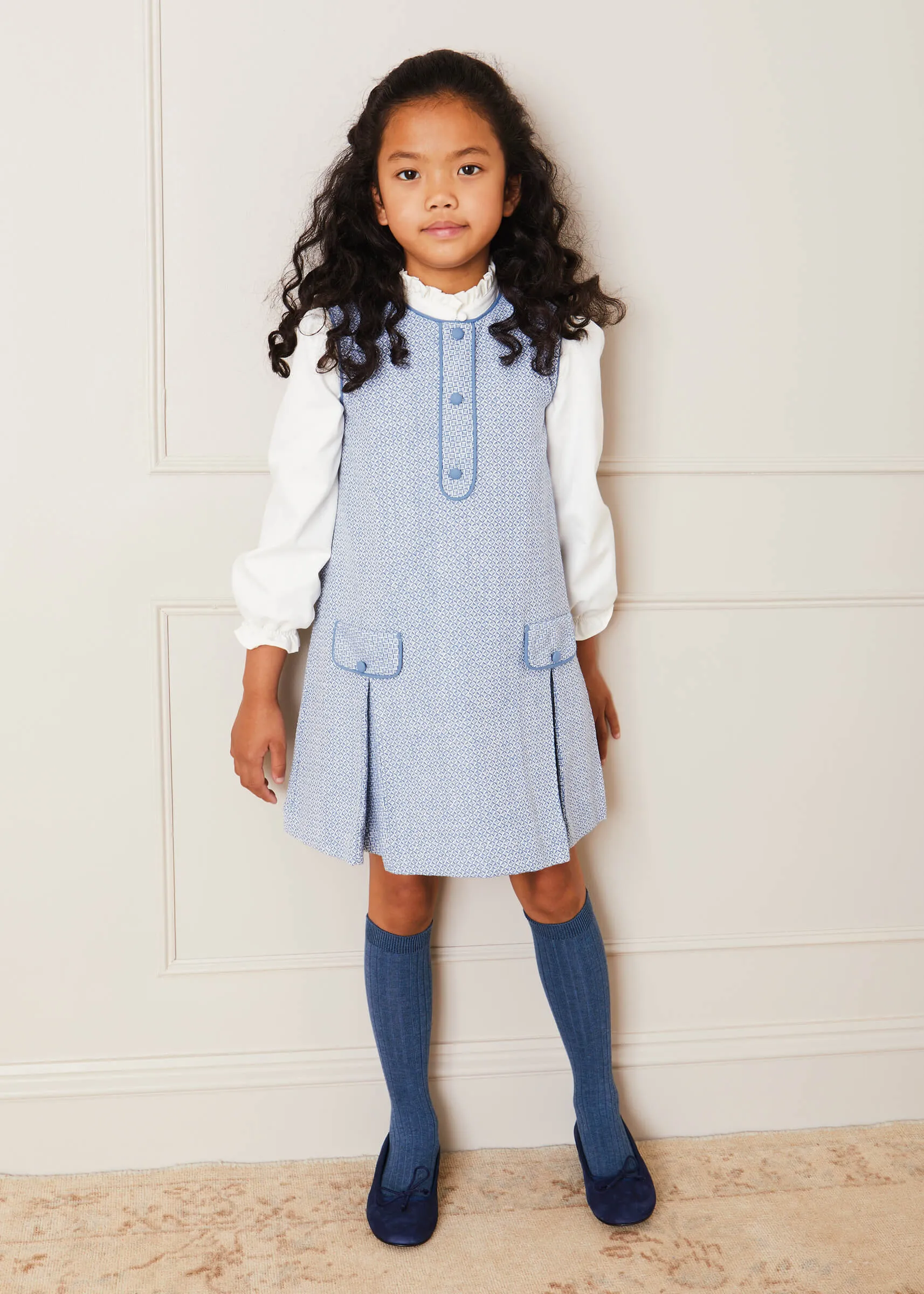 Jaqcuard Sleeveless Pinafore Dress In French Blue (18mths-10yrs)