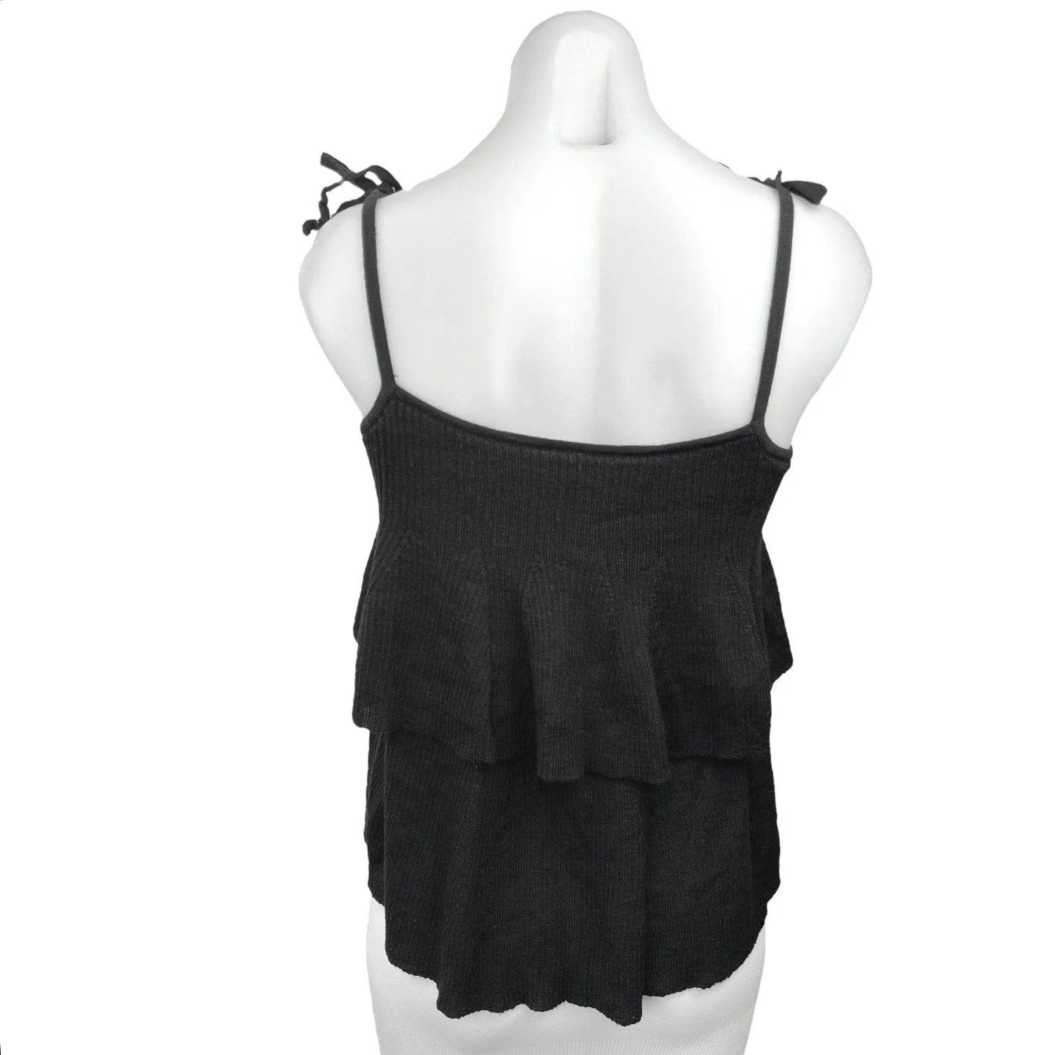 J.Crew Black Merino Wool Rib Knit Ruffle Tiered Tie Shoulder Sweater Tank Top XS