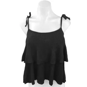 J.Crew Black Merino Wool Rib Knit Ruffle Tiered Tie Shoulder Sweater Tank Top XS