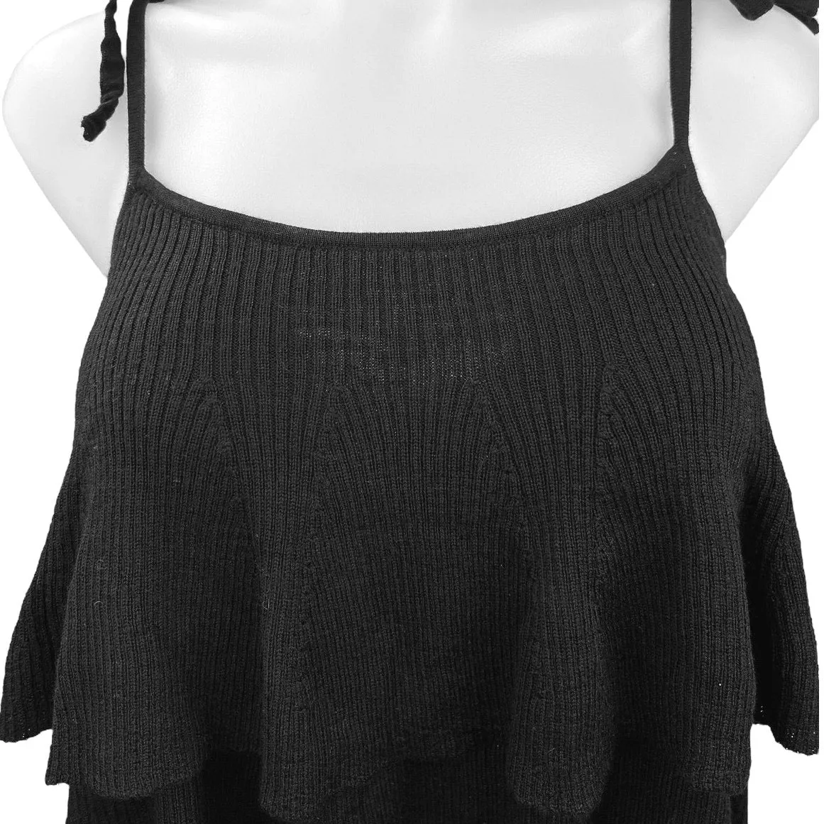 J.Crew Black Merino Wool Rib Knit Ruffle Tiered Tie Shoulder Sweater Tank Top XS