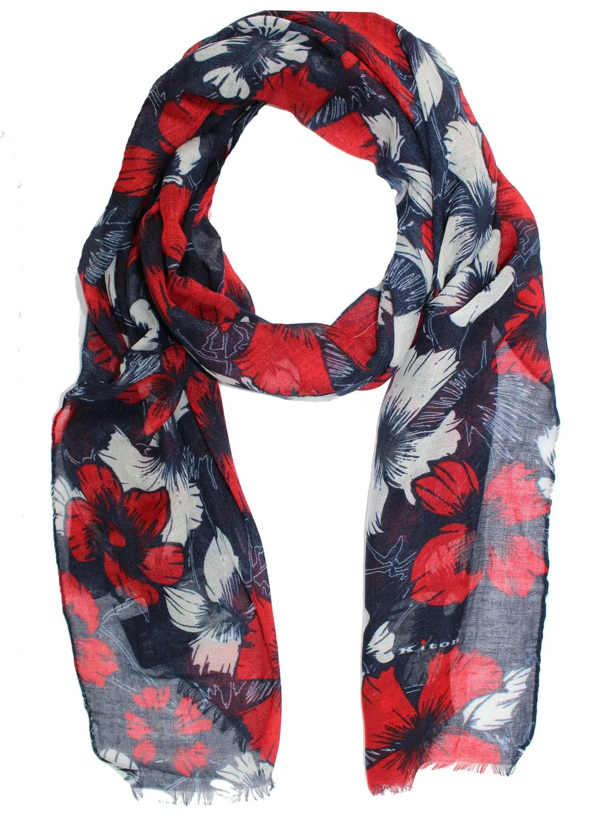 Kiton Scarf Navy Red White Floral Cashmere Silk SALE