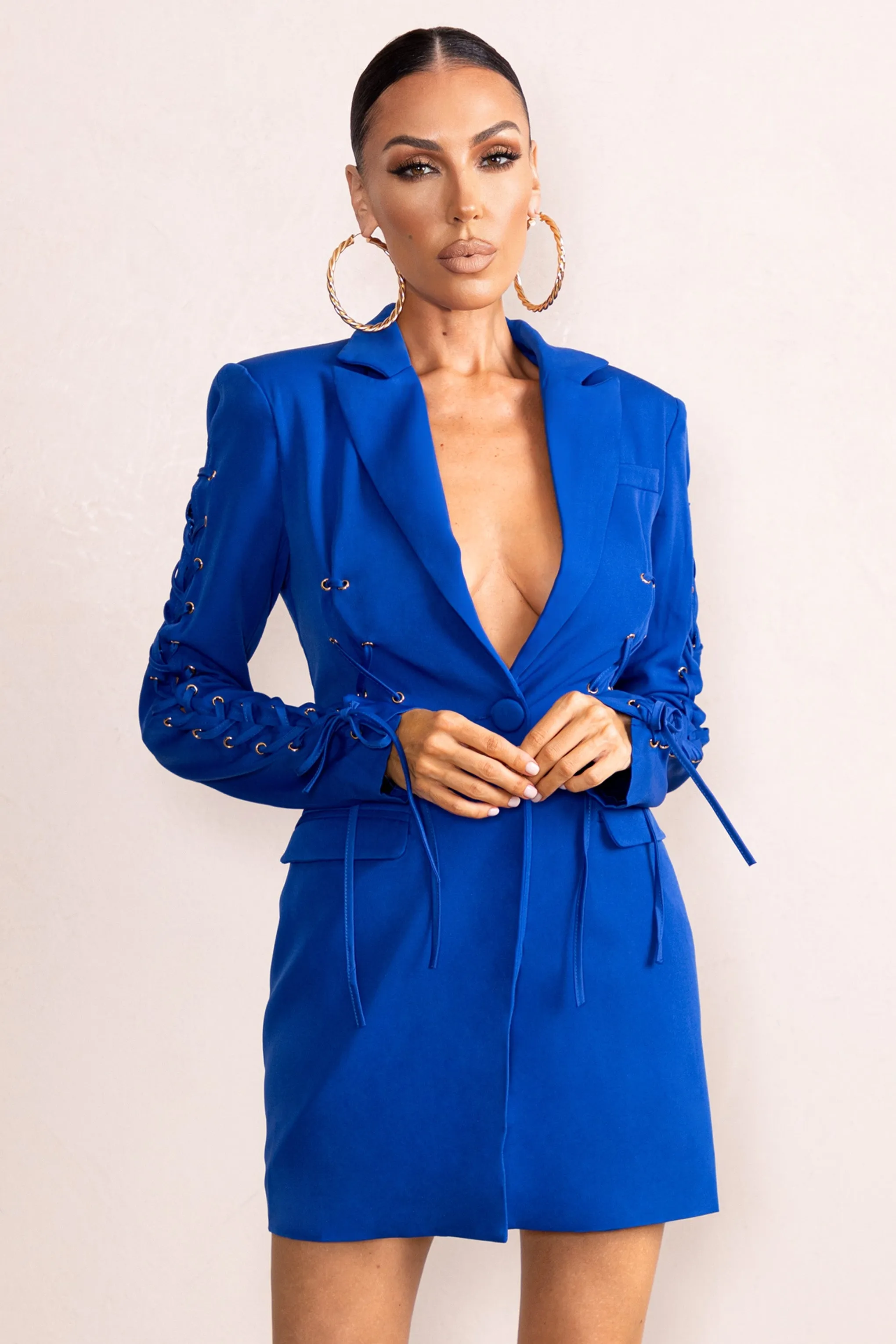 Material Girl | Electric Blue Tie Up Details Blazer Mini Dress