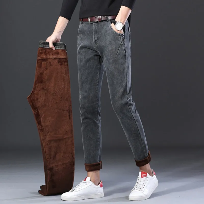 Men's Denim Winter Smoke Gray Casual Mid Waist Straight-Leg Trousers