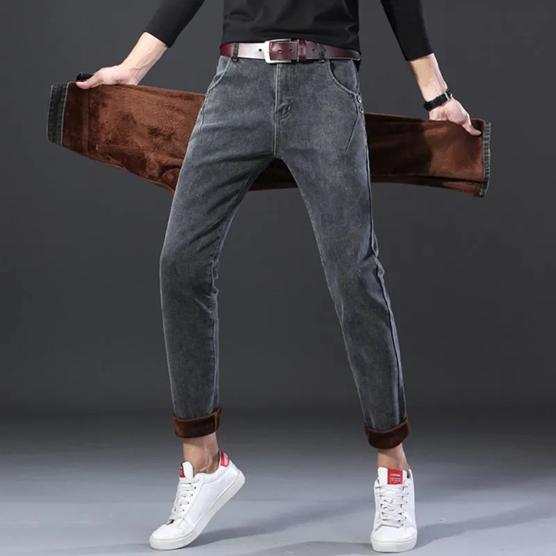 Men's Denim Winter Smoke Gray Casual Mid Waist Straight-Leg Trousers