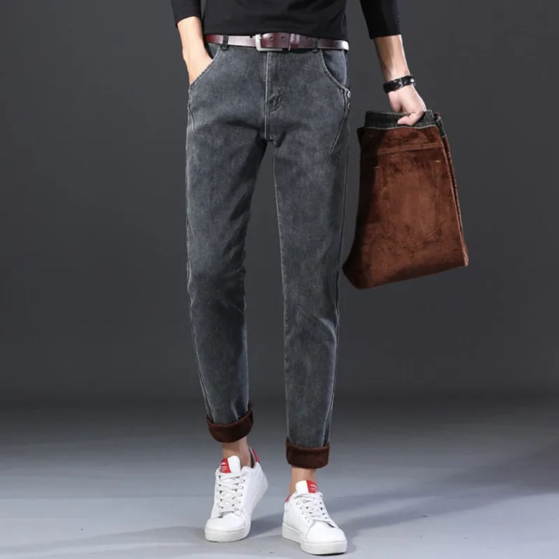 Men's Denim Winter Smoke Gray Casual Mid Waist Straight-Leg Trousers