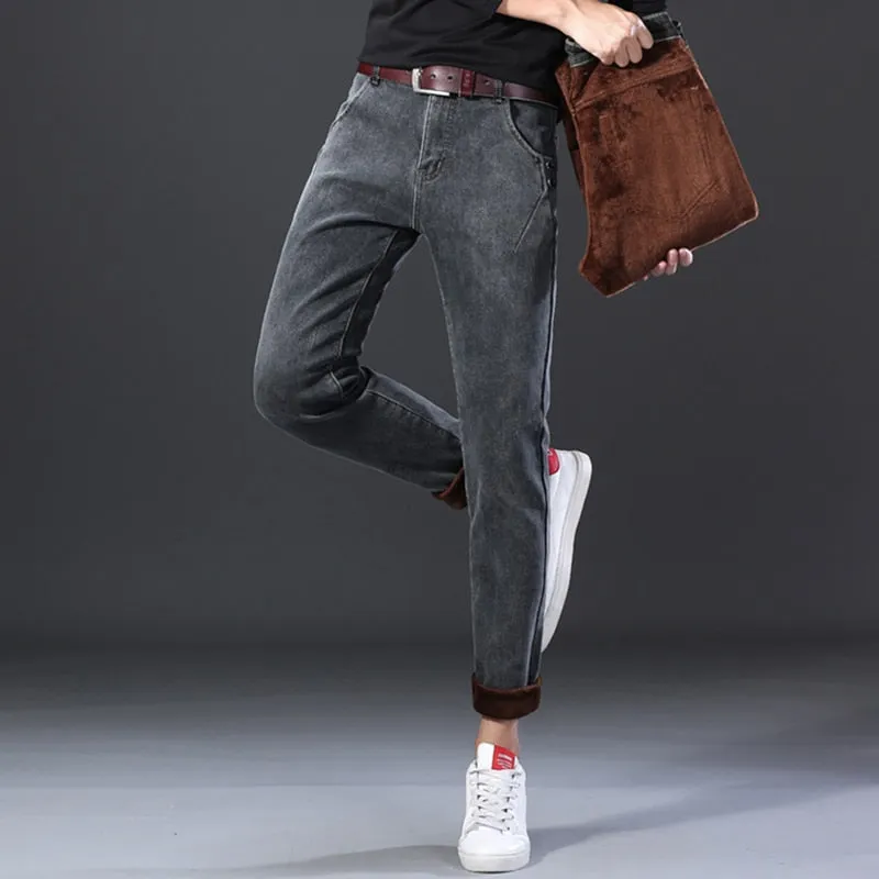 Men's Denim Winter Smoke Gray Casual Mid Waist Straight-Leg Trousers