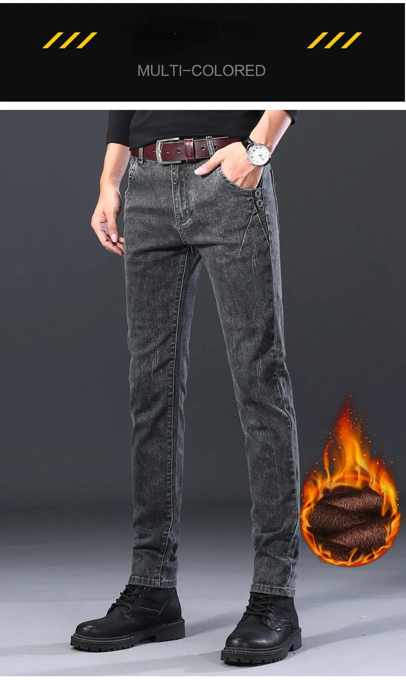 Men's Denim Winter Smoke Gray Casual Mid Waist Straight-Leg Trousers