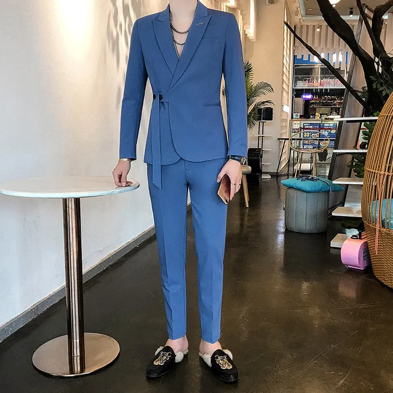 Men's Polyester Korean Fashion Slim-Fitted Partywear Two-Piece Suit