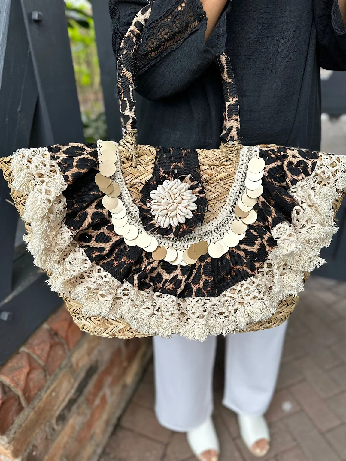 Natural Luxury Leopard Embellished Weave Tote Bag