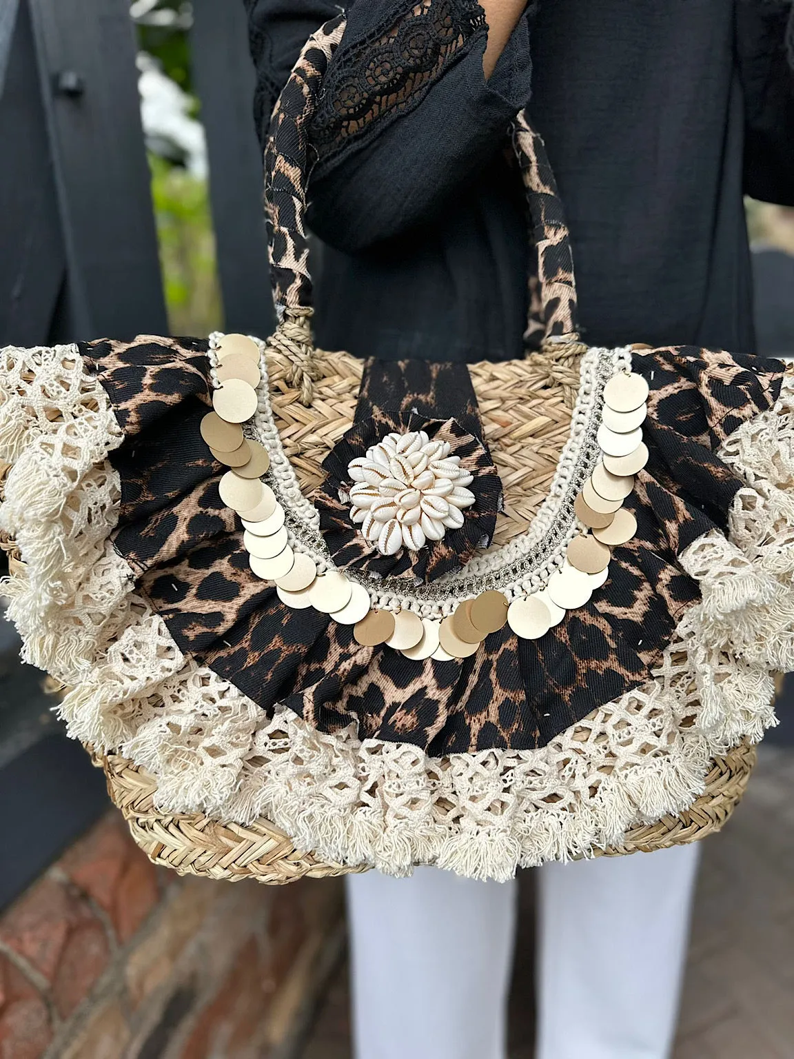 Natural Luxury Leopard Embellished Weave Tote Bag