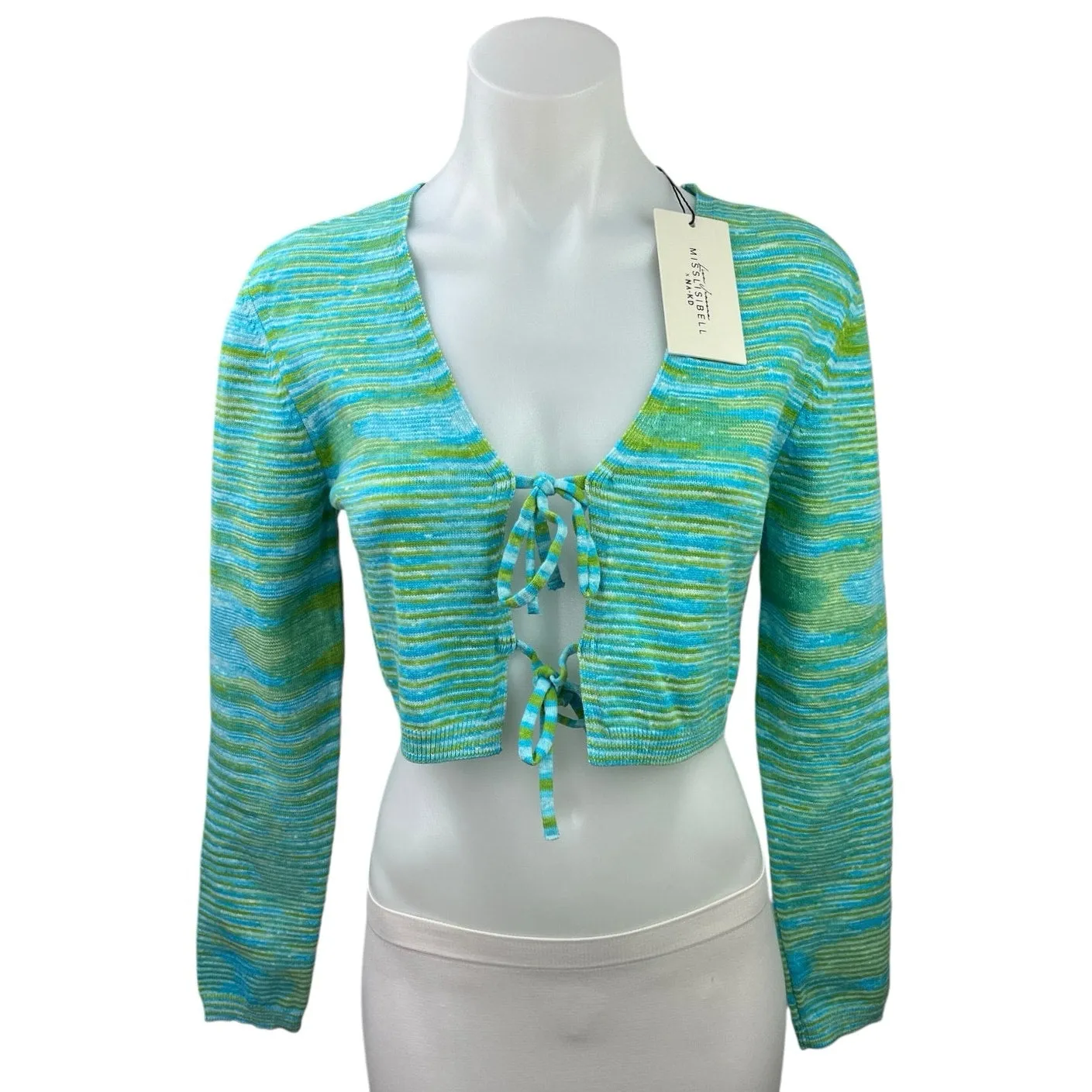 NEW NA-KD Green Melange Tie Knit Striped Long Sleeve Cardigan Sweater Crop Top 6