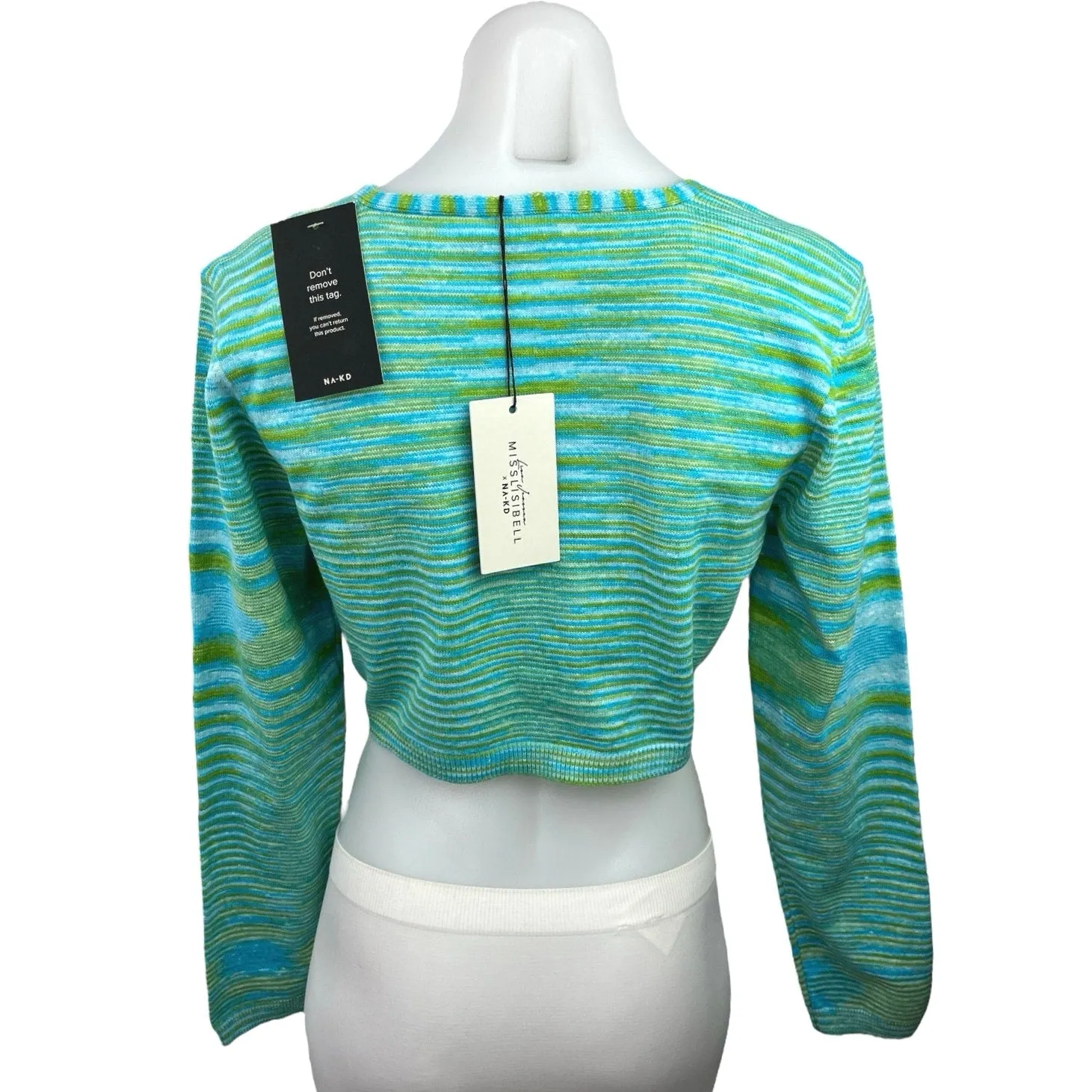 NEW NA-KD Green Melange Tie Knit Striped Long Sleeve Cardigan Sweater Crop Top 6