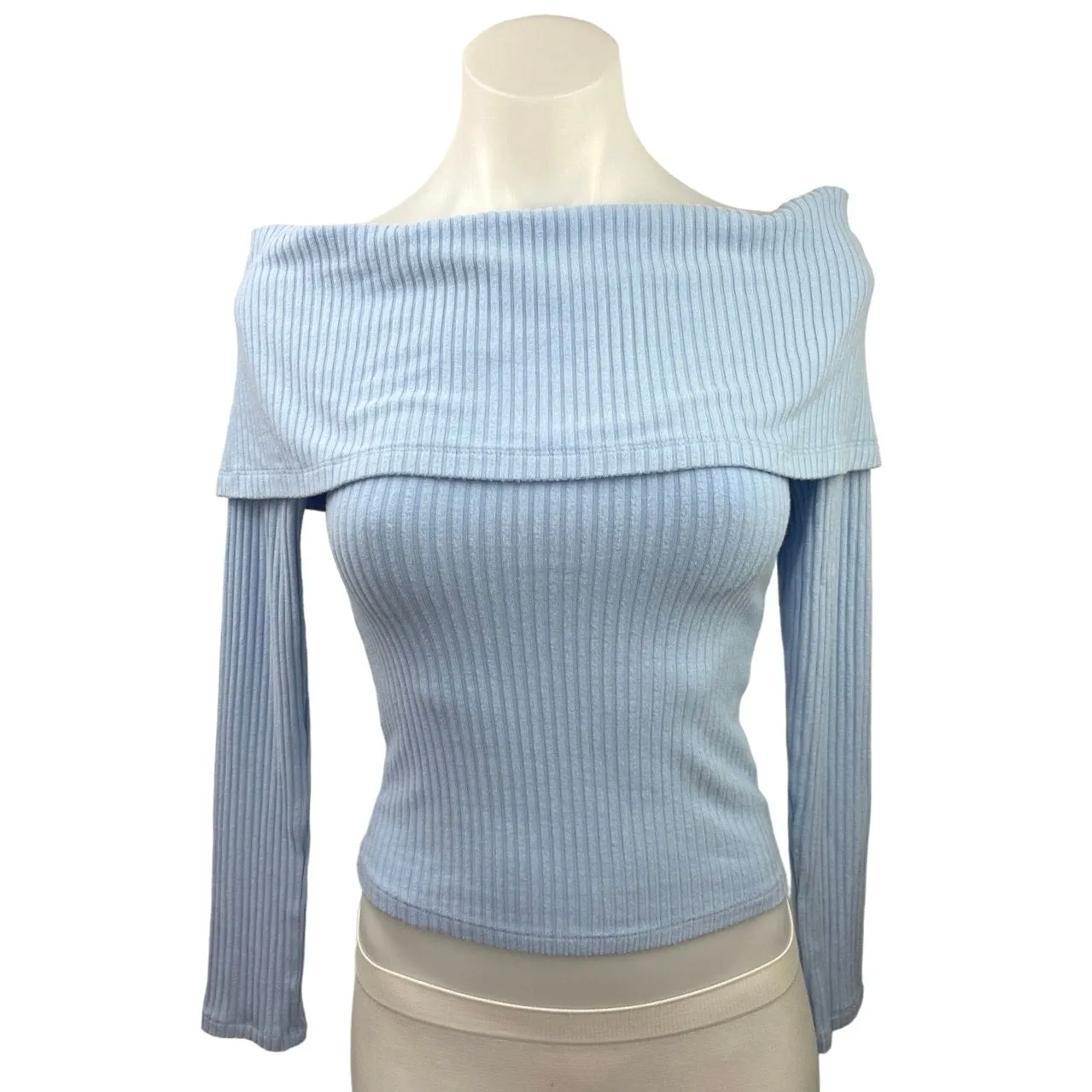 New Urban Outfitters Blue Ribbed Foldover Off Shoulder Long Sleeve Sweater Top S