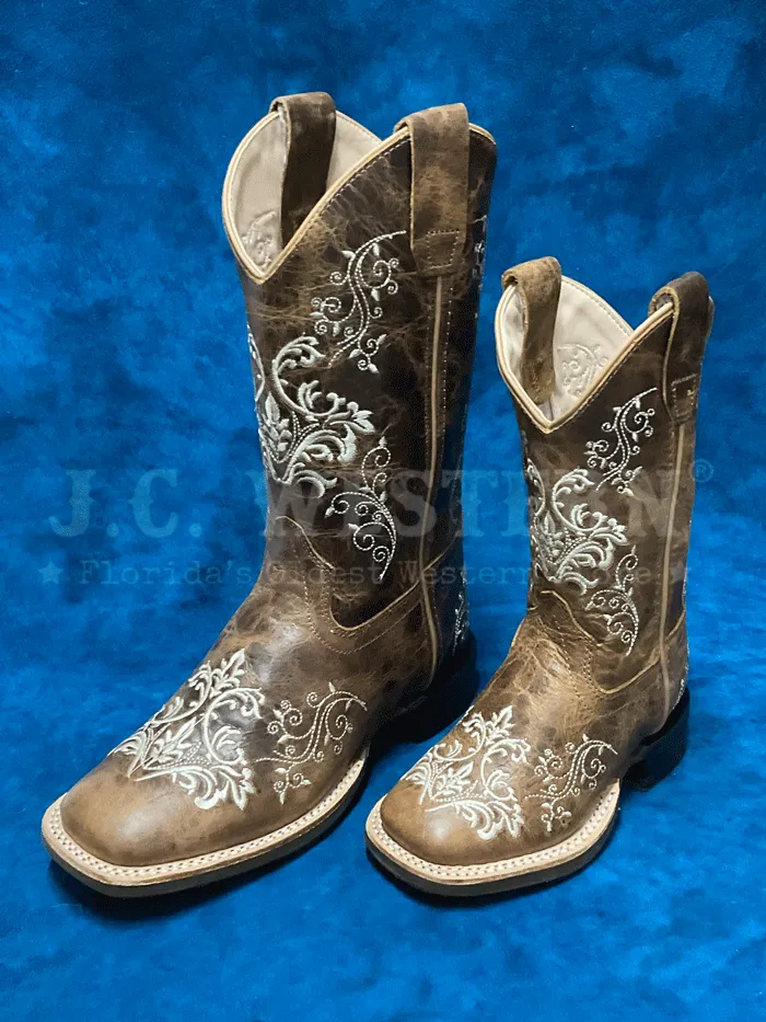 Old West 1958 Kids Embroidered Square Toe Western Boot Brown