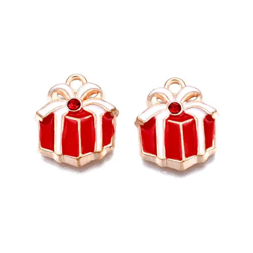 Pendants, Christmas Gift Box, With Rhinestone, Single-Sided, Red, White, Enameled, Light Gold Alloy, 17.5mm