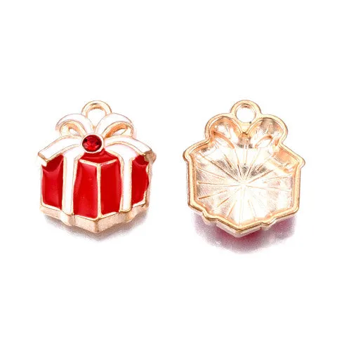 Pendants, Christmas Gift Box, With Rhinestone, Single-Sided, Red, White, Enameled, Light Gold Alloy, 17.5mm