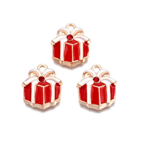 Pendants, Christmas Gift Box, With Rhinestone, Single-Sided, Red, White, Enameled, Light Gold Alloy, 17.5mm