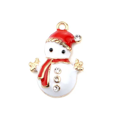 Pendants, Christmas Snowman, Single-Sided, White, Enameled, With Rhinestones, Light Gold, Alloy, 23mm