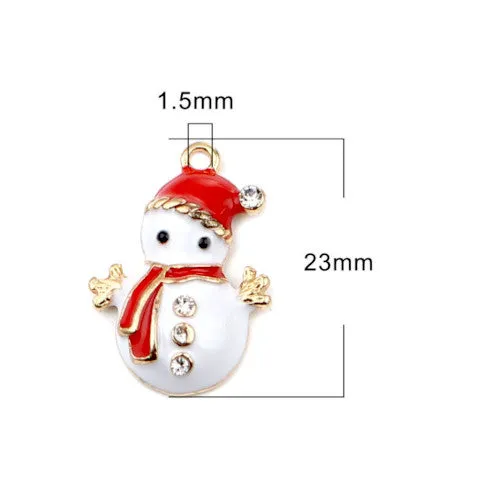 Pendants, Christmas Snowman, Single-Sided, White, Enameled, With Rhinestones, Light Gold, Alloy, 23mm